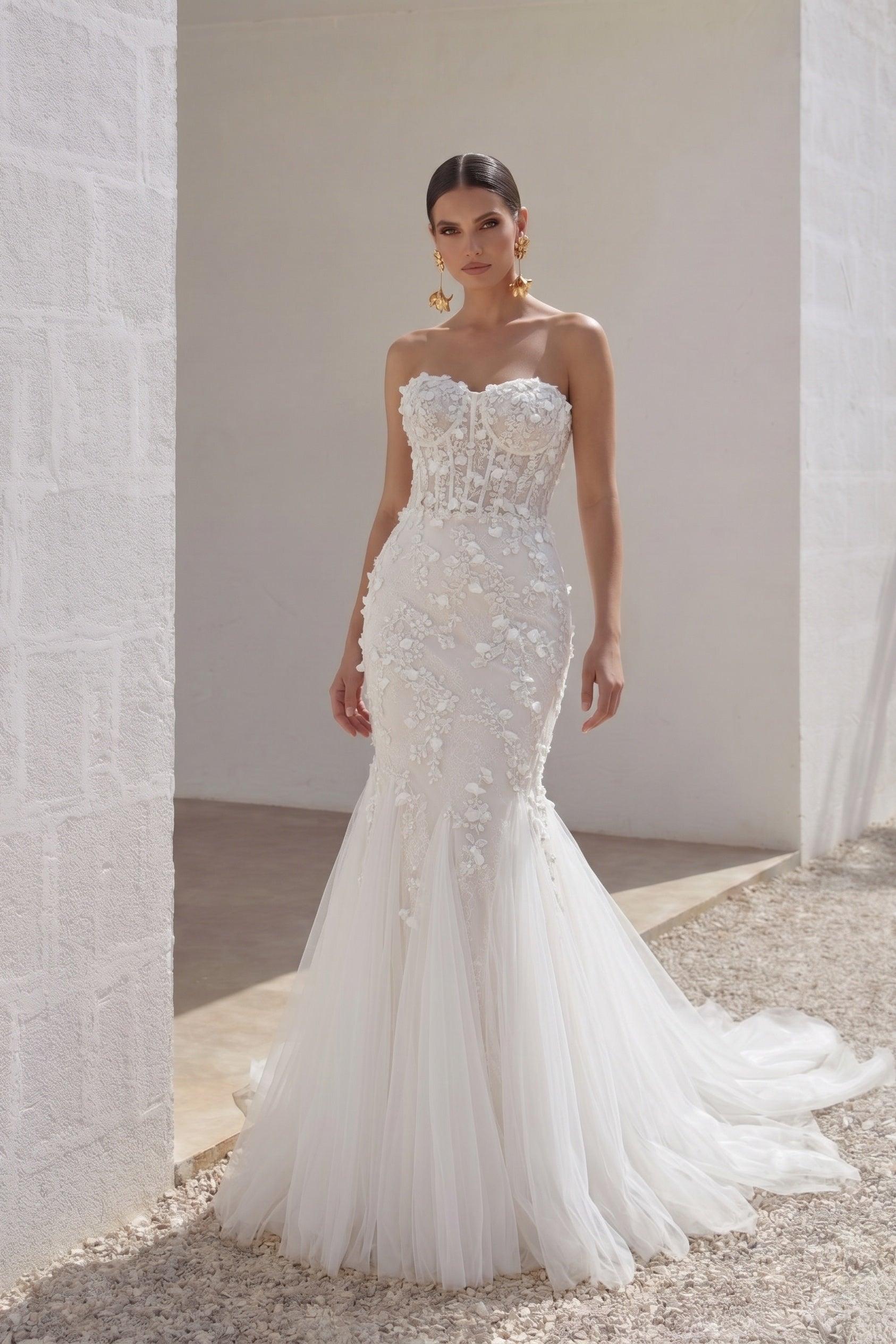 Trumpet-Mermaid Court Train Lace Tulle Wedding Dress CW3244 - 45 Days / As Picture:Ivory/Sand / US0-UK2-EUR30 - COCOMELODY